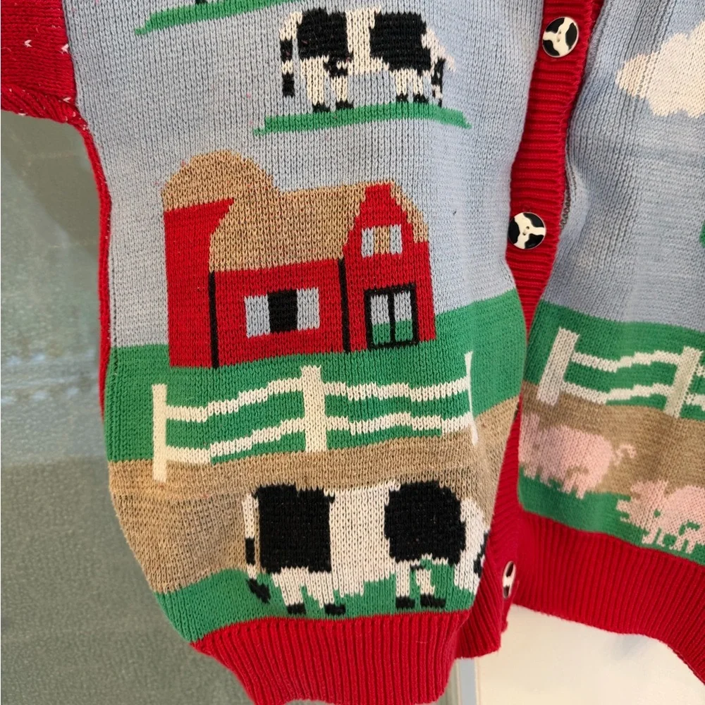 VINTAGE SWEATER LOFT SHORT-SLEEVE BUTTON-UP FARM-THEMED SWEATER - LARGE - Picture 4 of 6